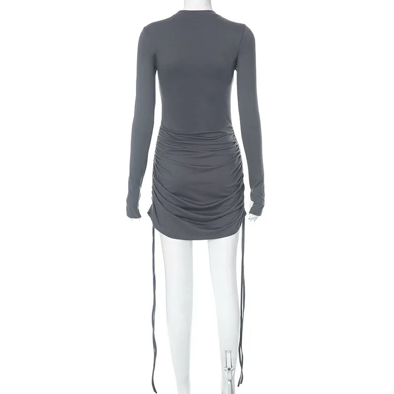 Y2K Ruched Bodycon Mini Dress Long Sleeve Black Party