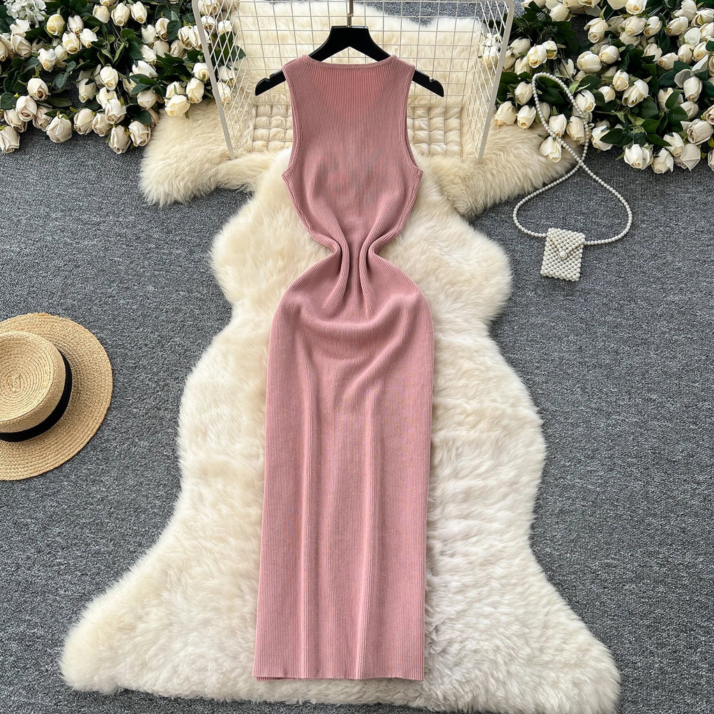 Elegant Solid Knitted O Neck Sleeveless Midi Dress Buttons