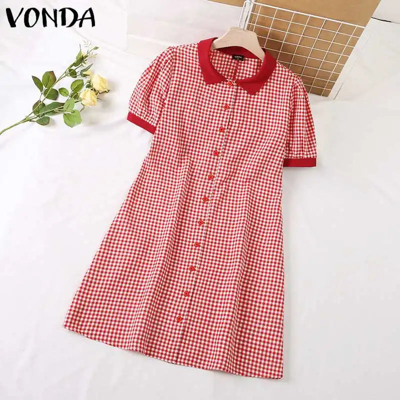 Boho Plaid Mini Dress Puff Sleeve A Line Sundress Style