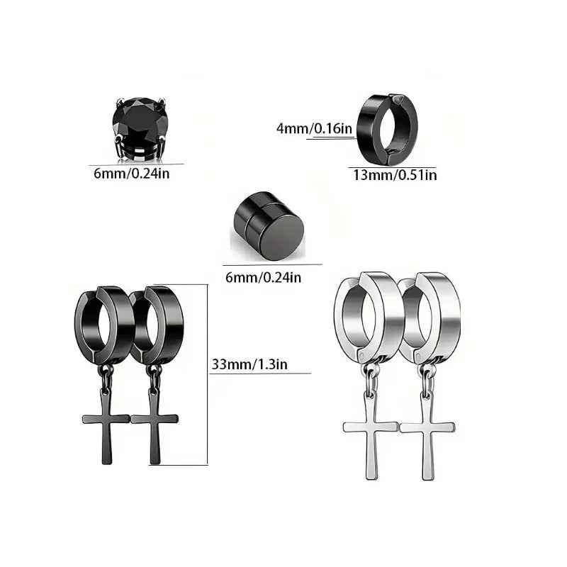 Punk Men's Magnetic Ear Stud Set Non Piercing Earrings Fake Cross Design Gift for Boyfriend