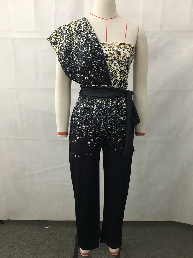 Women's One Shoulder Backless Sequined Jumpsuit Slim Fit Stretch Lace-Up High Waist Romper with Back Zipper