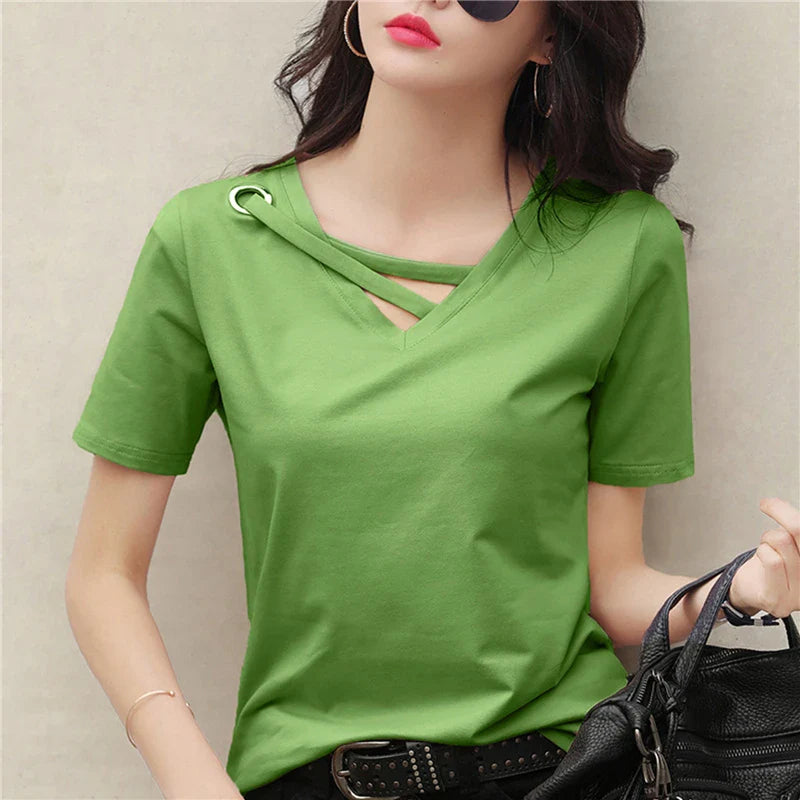 Casual Women V-Neck Loose White T-Shirt Summer Short Sleeve Polyester Top