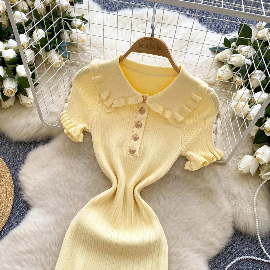 Ruffles Knit Wrap Dress For Women Summer Short Sleeve Casual