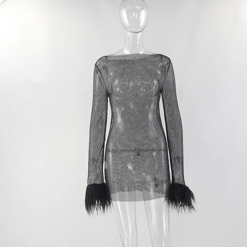 Black Mesh See Through Mini Dress Women Bodycon Clubwear