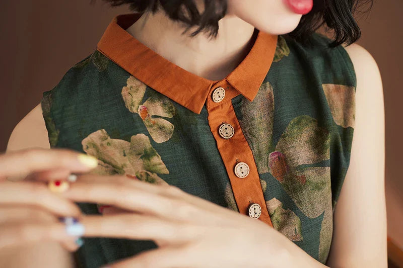 Printed Linen Sleeveless Dress for Women Summer Casual