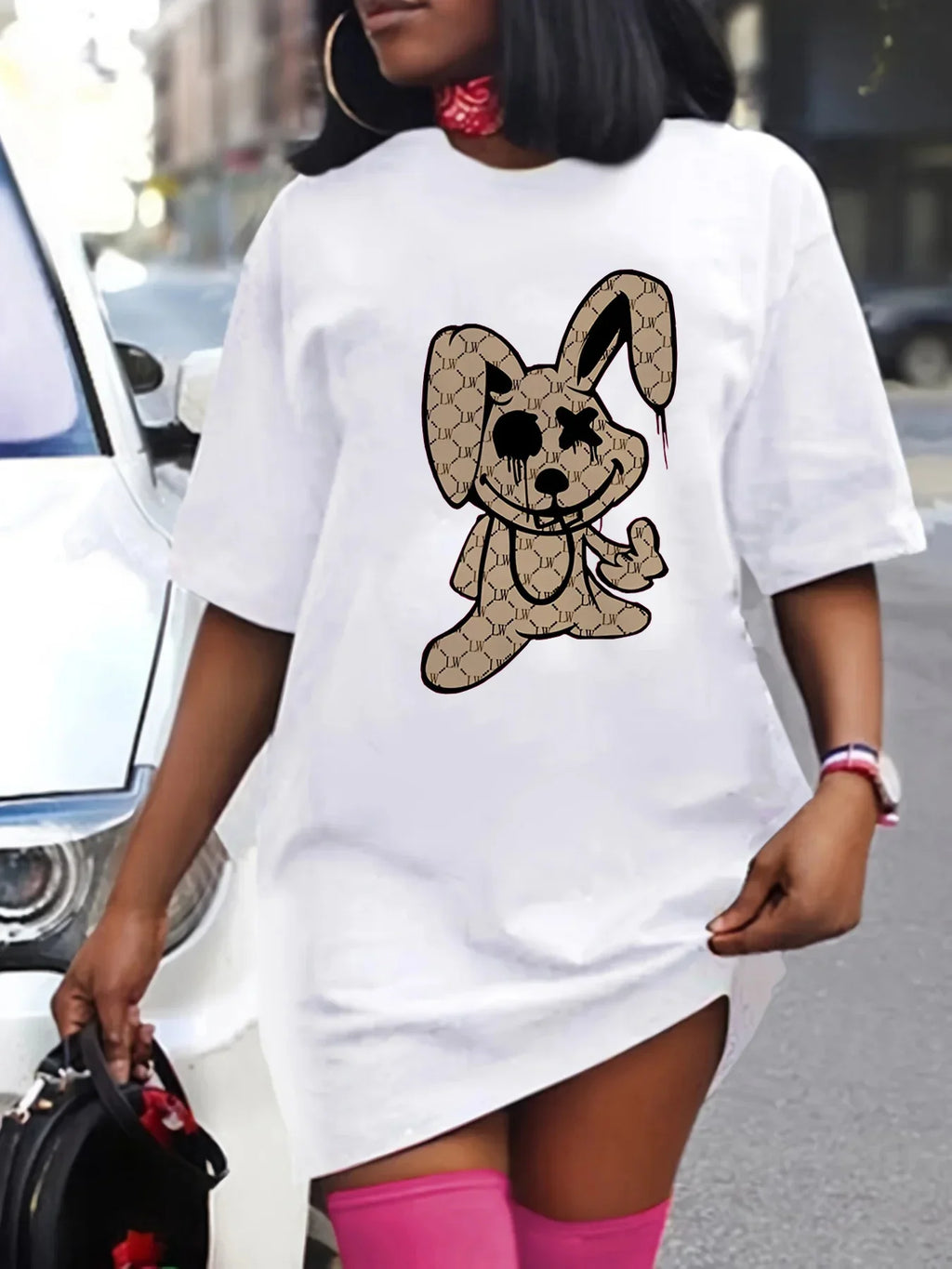 Oversized Rabbit Print Round Neck T Shirt Dress For Women