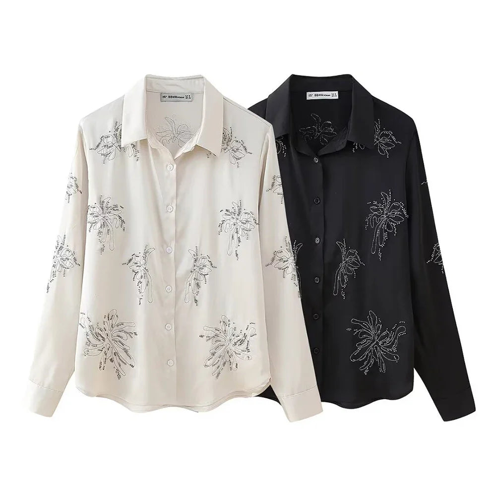 Women's Beaded Embroidery Long Sleeve Shirt and Loose Trousers Set with Lace Up Details