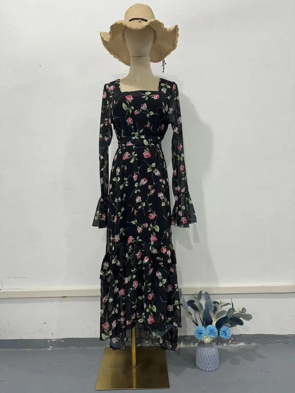 Elegant Printed Chiffon Maxi Dress With Lotus Sleeve Details