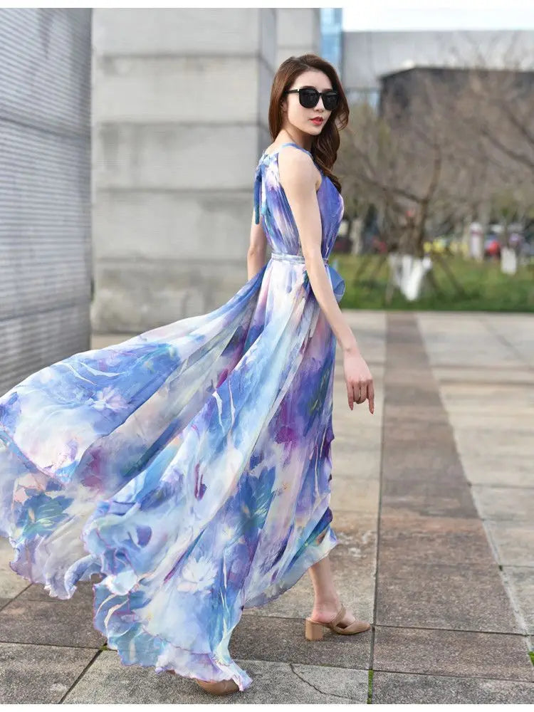 Floral Boho Backless Maxi Dress Women Beach Sundress
