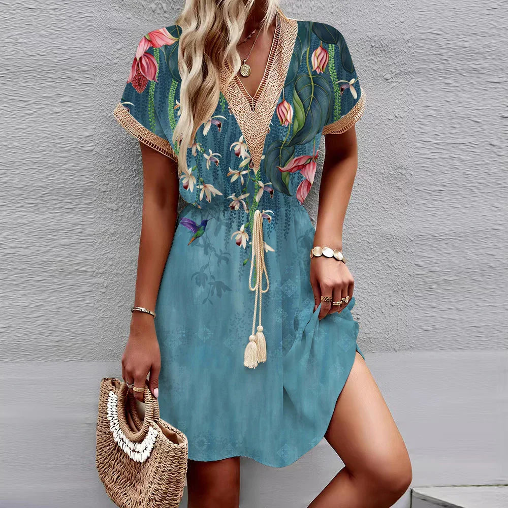 Printed Bat Sleeve Lace V Neck Wrap Midi Dress For Spring