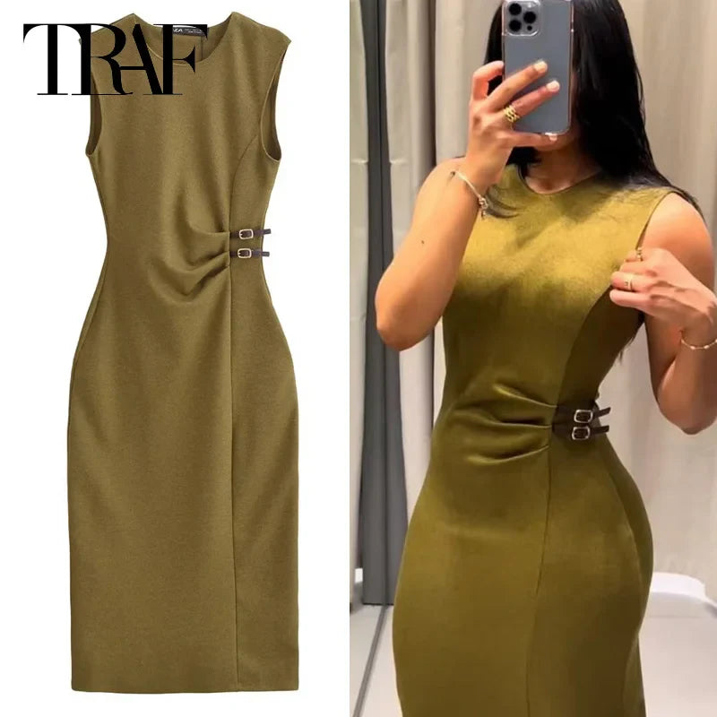 Green Ruffled Sleeveless Midi Dress For Summer Women