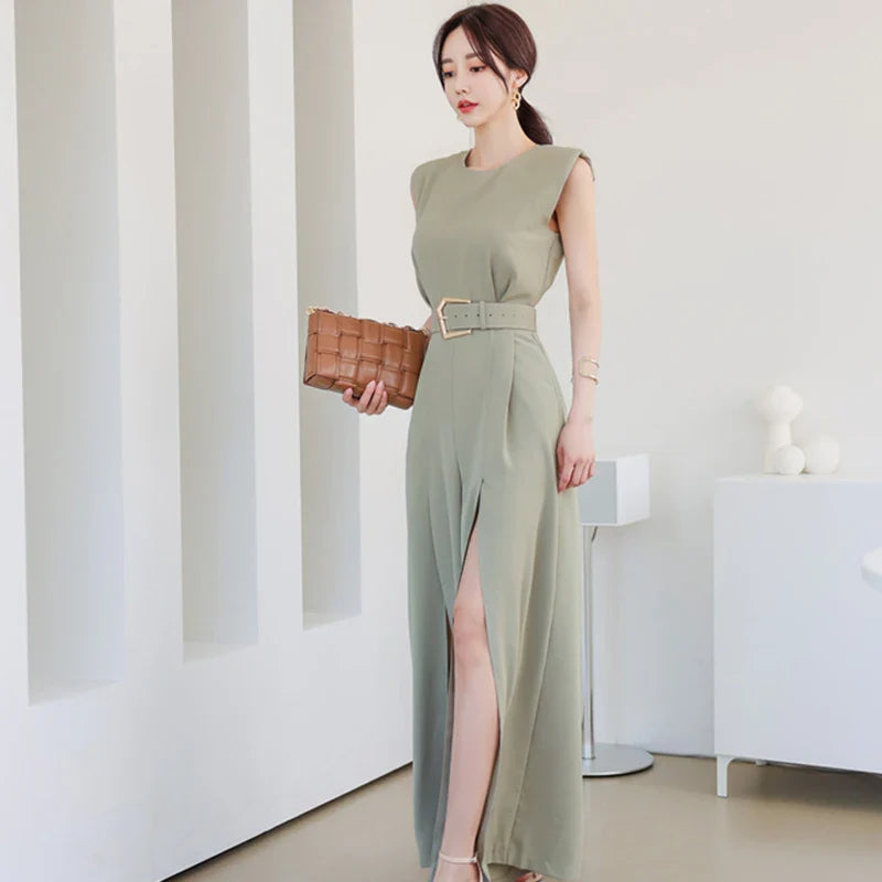 Elegant Women's Business Jumpsuit O-Neck Wide Leg Split Trousers Long Casual Workwear Romper
