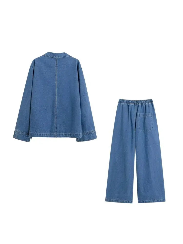 Women's Denim Loose Shirt with Pockets and High Elastic Waist Wide Leg Pants Two Piece Set