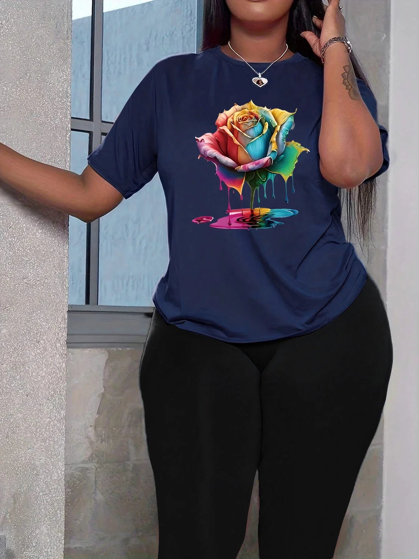 Colorful Floral Print Women Two Piece Set with Short Sleeve T-Shirt and Comfortable Elastic Capri Leggings