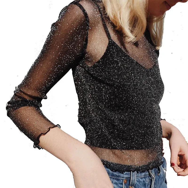 Sexy Mesh Long Sleeve T Shirt for Women Black Transparent Club Top