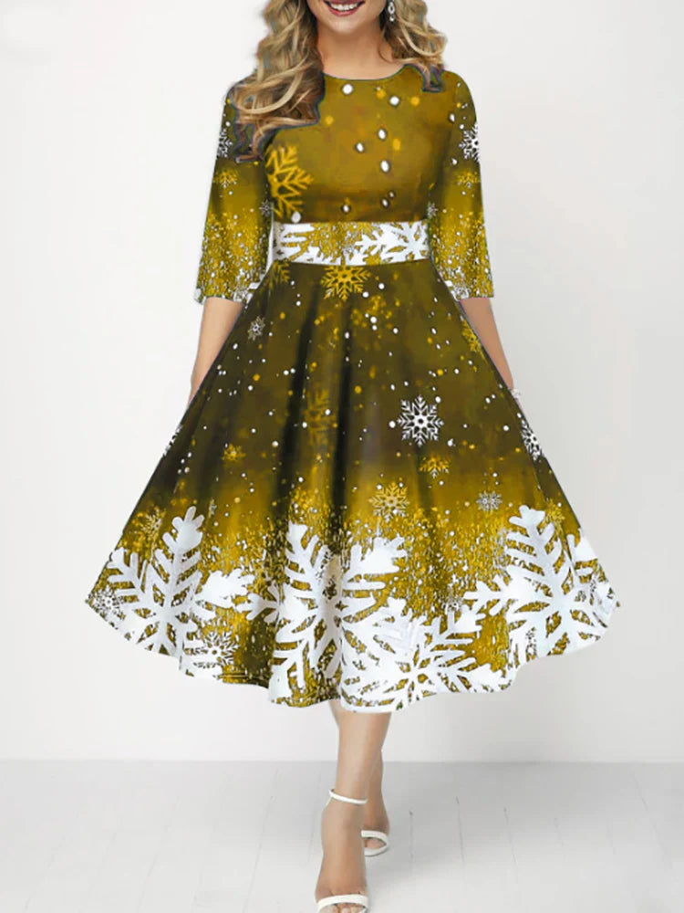 Elegant Autumn A Line Midi Dress O Neck High Waist Christmas