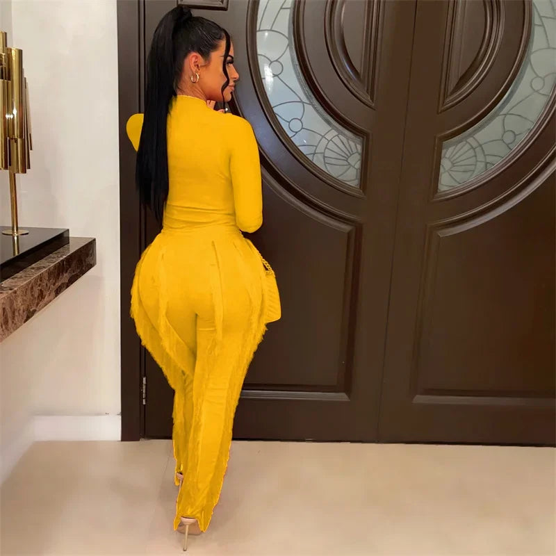 Elegant 2 Piece Women's Outfit Long Sleeve Bodysuit Top and Tassel Pants Set for Autumn Winter