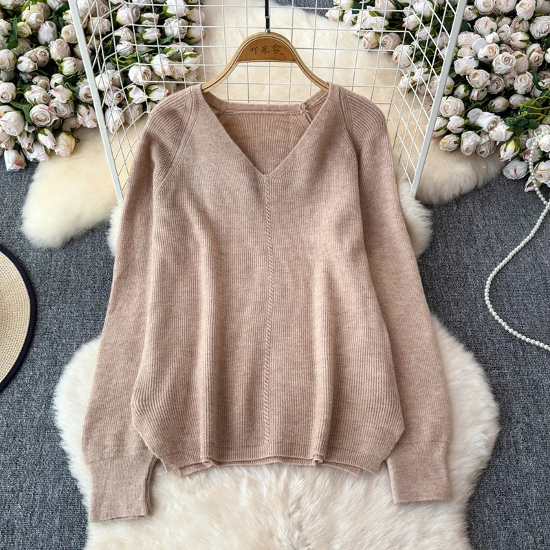 Knitted V-Neck Sweater and Straight Jogging Pants Women's Tracksuit Set