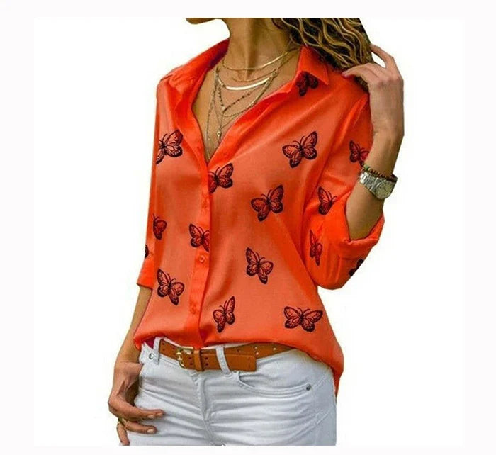 Elegant Women Butterfly Print Loose Fit Long Sleeve Blouse with Turn Down Collar Casual Oversized Office Shirt for Spring and Autumn
