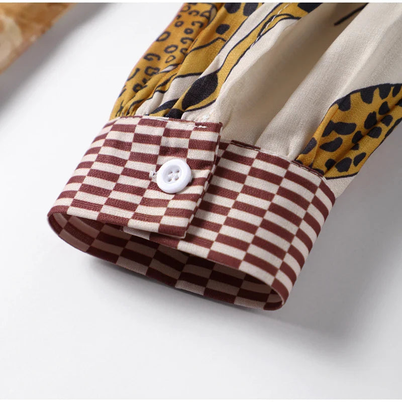 Autumn Women Leopard Print Suit Vintage Single Breasted Wide Leg Pants Set Casual Loose Outfit