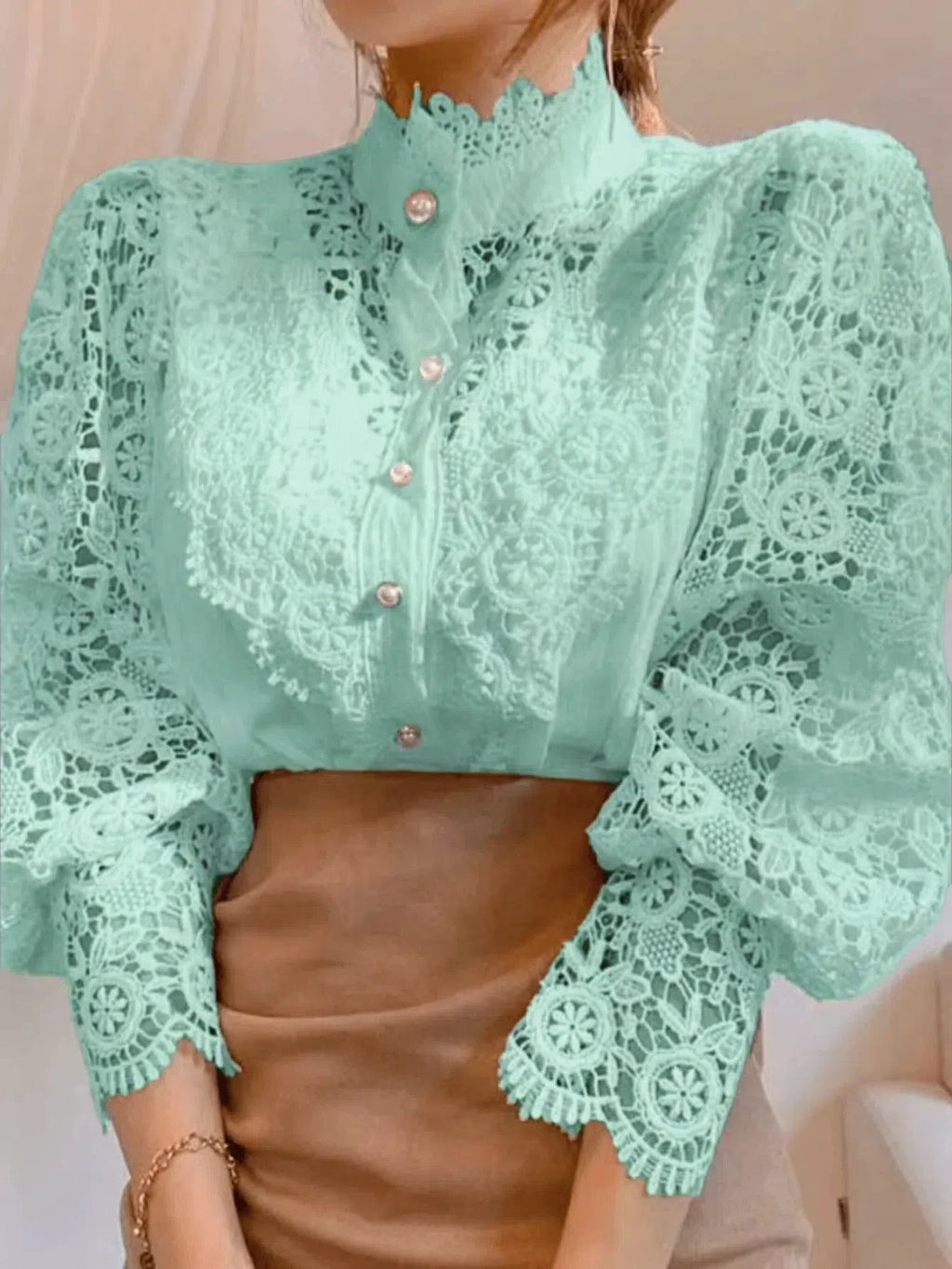 Women's Spring Summer Hollow Out Lace Blouse with Chic Button Detail Vintage Stand Collar Long Puff Sleeve Top