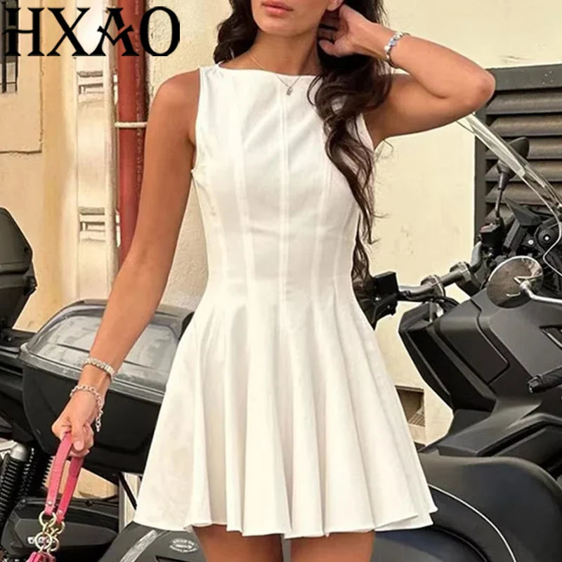 White Sleeveless Mini Dress With Back Zipper Folds Elegant