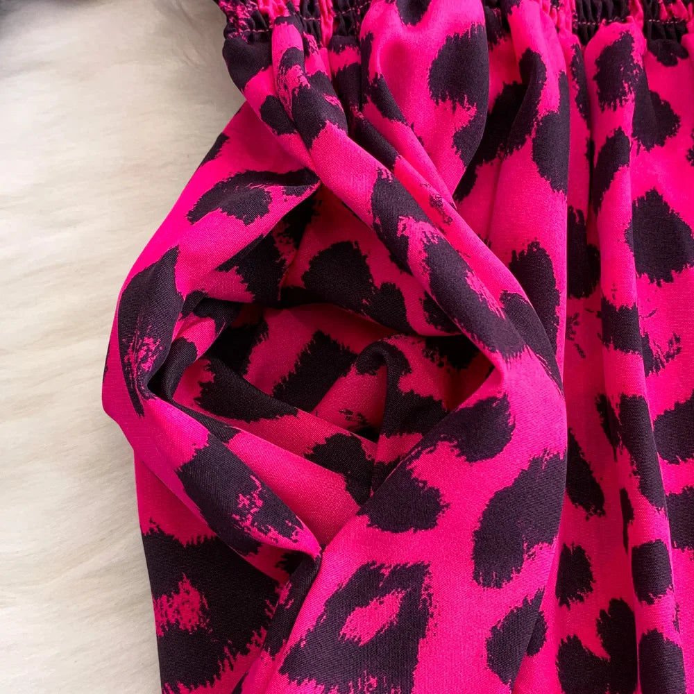 Women's Summer V-Neck Leopard Print Lace-Up Jumpsuit Short Sleeve Loose Fit Playsuit Overalls with Elegant Ruffle Detail