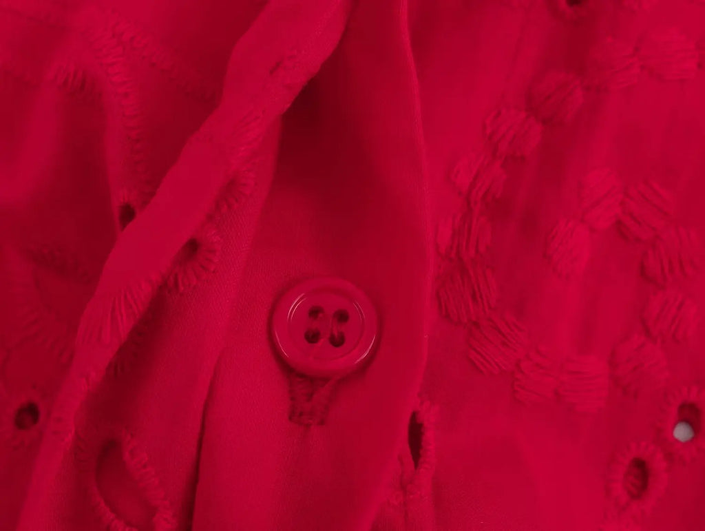 Women Casual Embroidered Hollow Single Breasted Lapel Shirt Top Long Sleeve Curved Hem Loose Fit Blouse