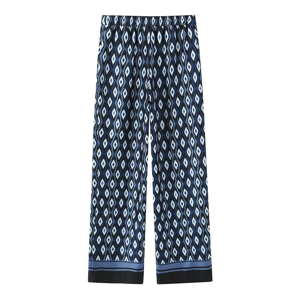 Women's Geometric Pattern Printed Shirt and Pants Set with Long Sleeve Top and Stylish Trousers