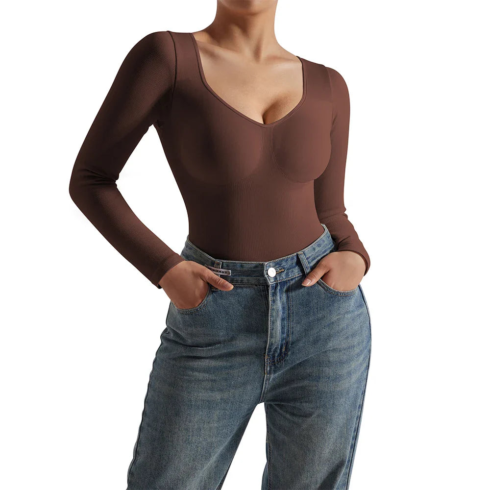 Sexy Long Sleeve Bodysuit for Women Skinny Bodycon V-Neck Push Up Romper Streetwear Jumpsuit