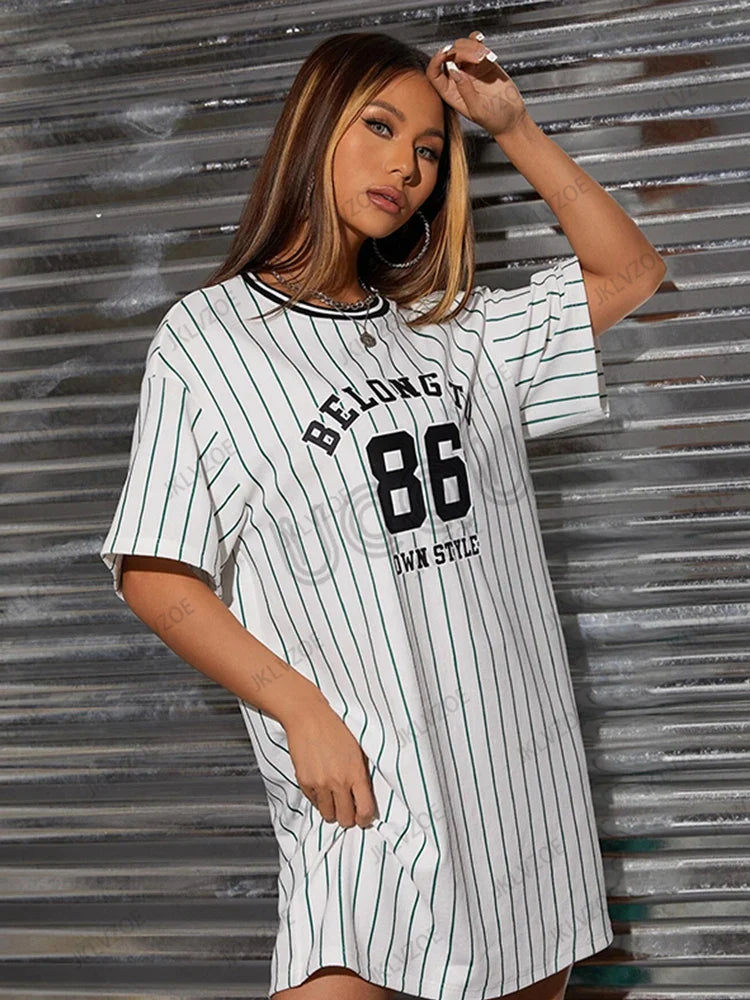 Printed Striped T Shirt Dress For Women Casual Streetwear