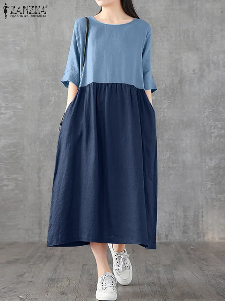 Cotton Linen Plaid Midi Sundress With Pockets O Neck