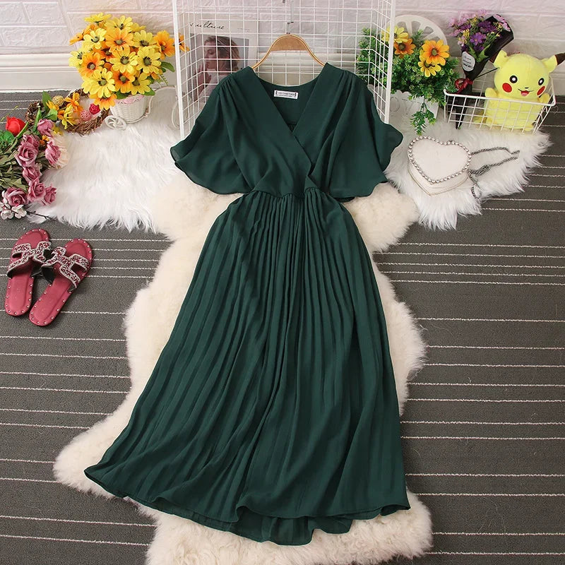 Chiffon Pleated Lace Up V Neck Dress For Women Summer