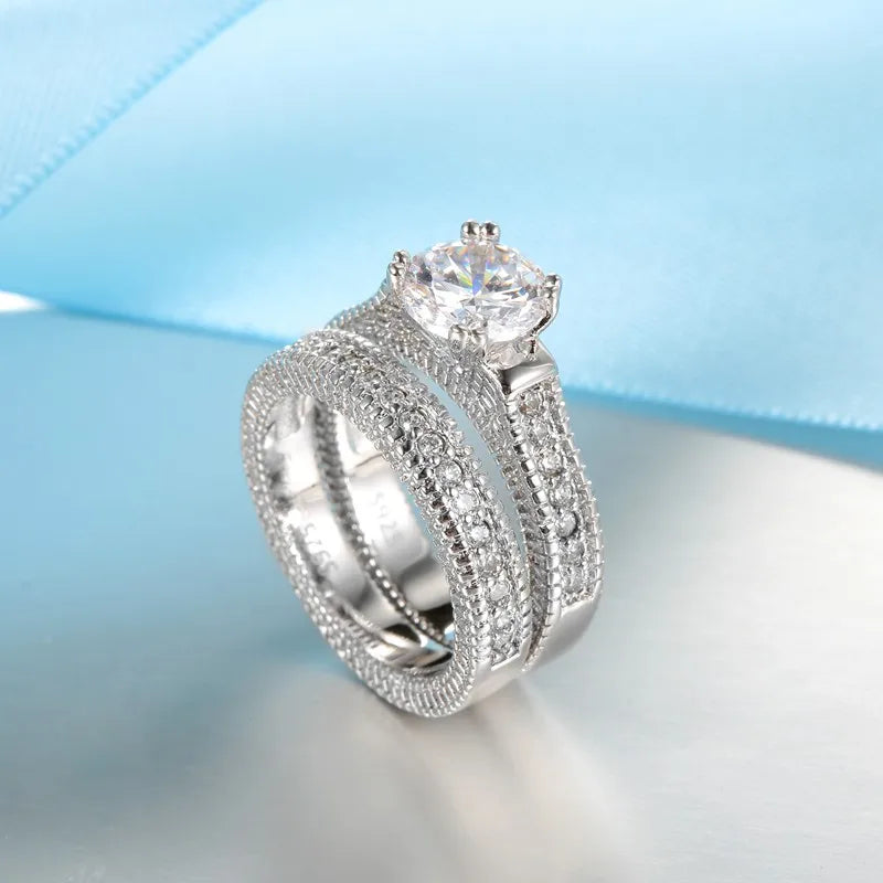 Elegant 925 Sterling Silver Engagement Couple Rings Set with Shiny Cubic Zirconia for Weddings and Anniversaries