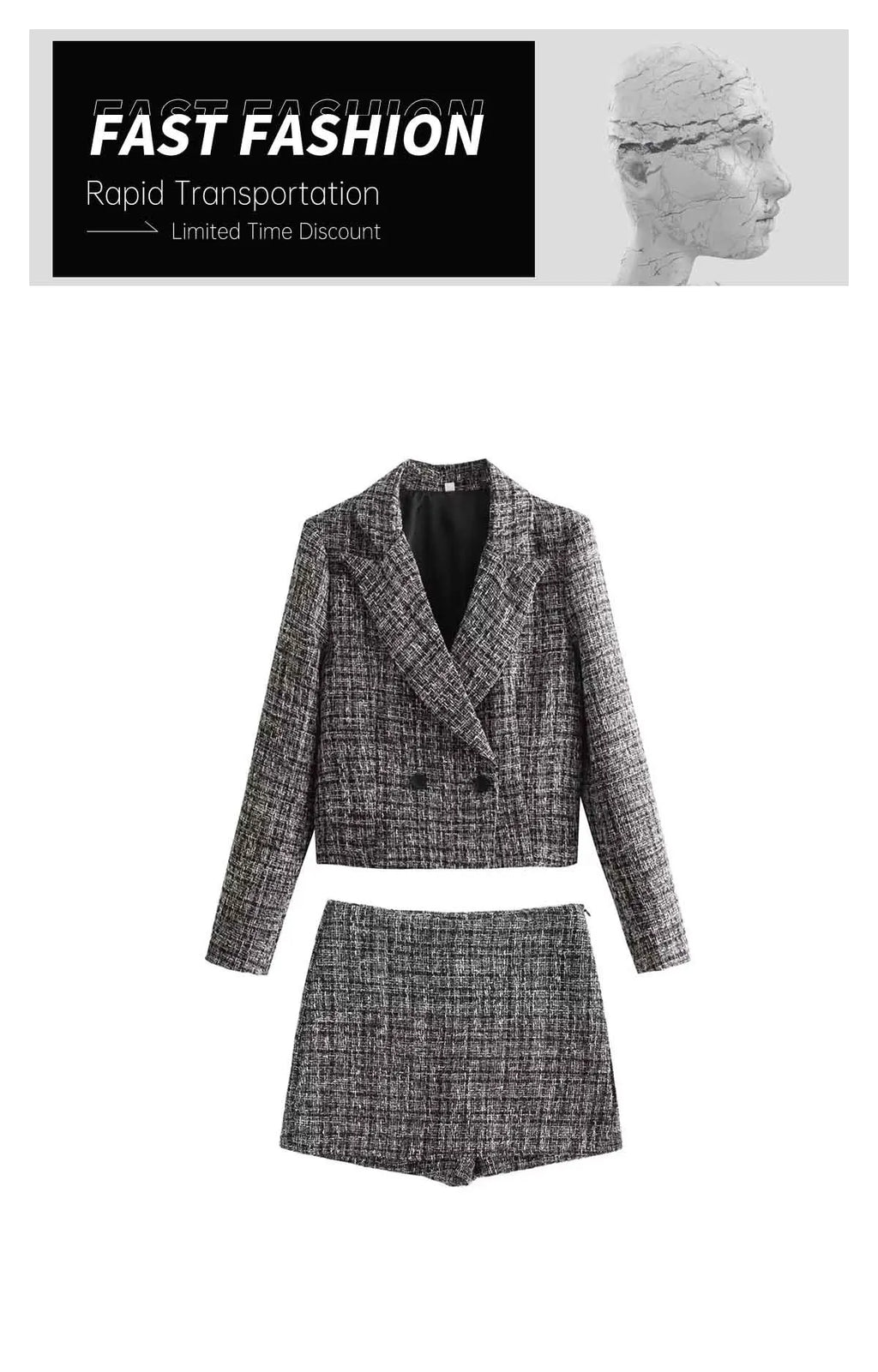 Casual Checkered Two-Piece Women's Suit Set with Short Coat and Half Skirt for Stylish Versatile Wear