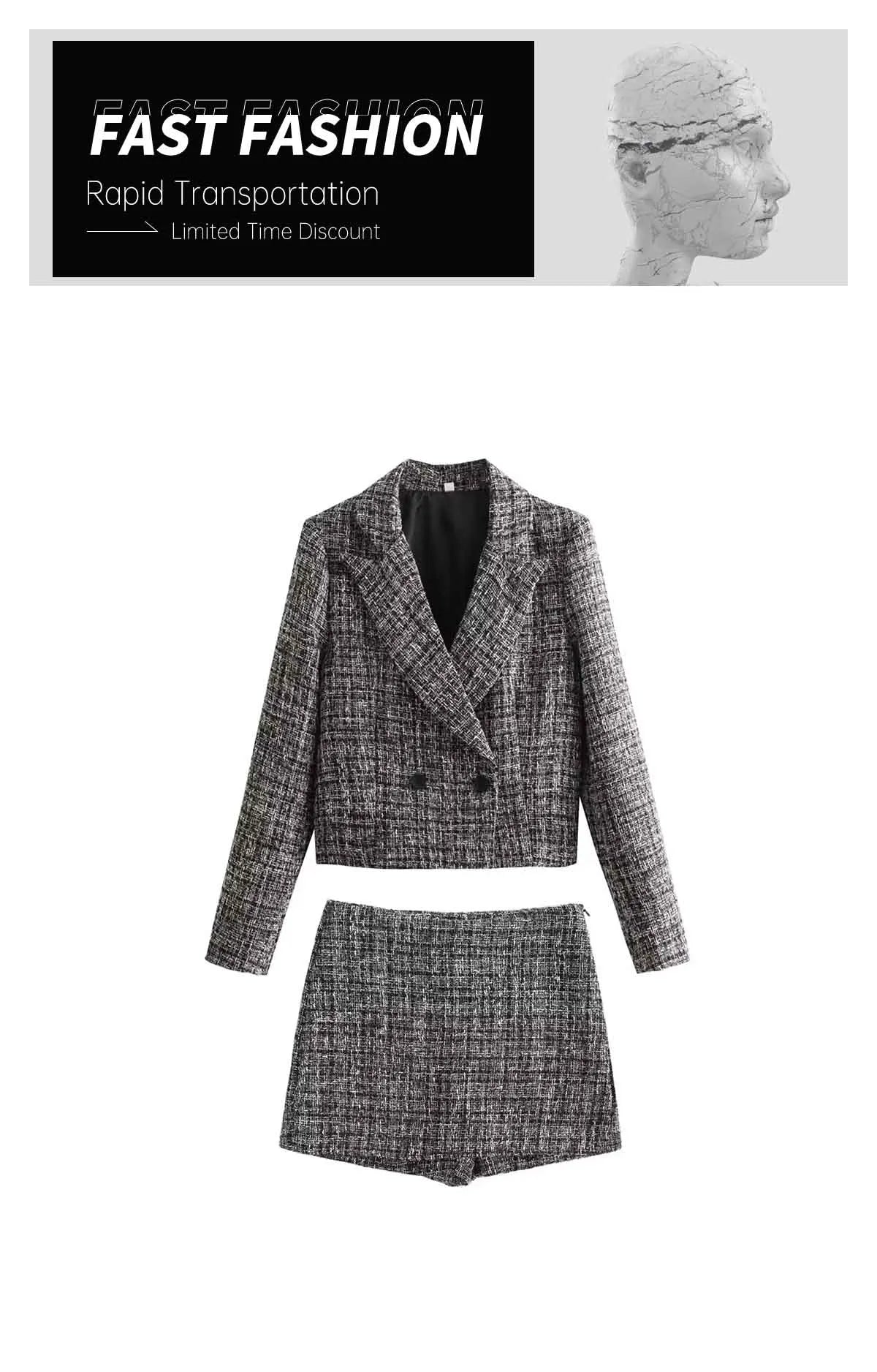 Casual Checkered Two-Piece Women's Suit Set with Short Coat and Half Skirt for Stylish Versatile Wear