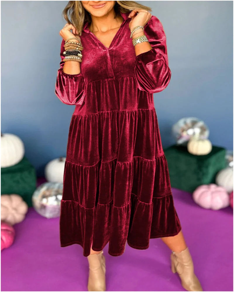 Velvet V Neck Maxi Dress With Ruffle Hem For Women Chic