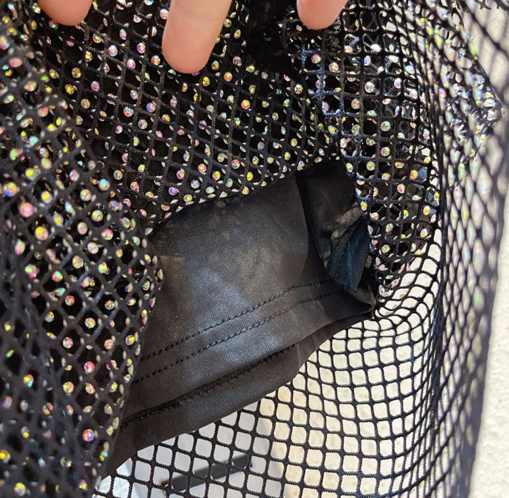 See Through Rhinestone Dress Round Neck Long Sleeve