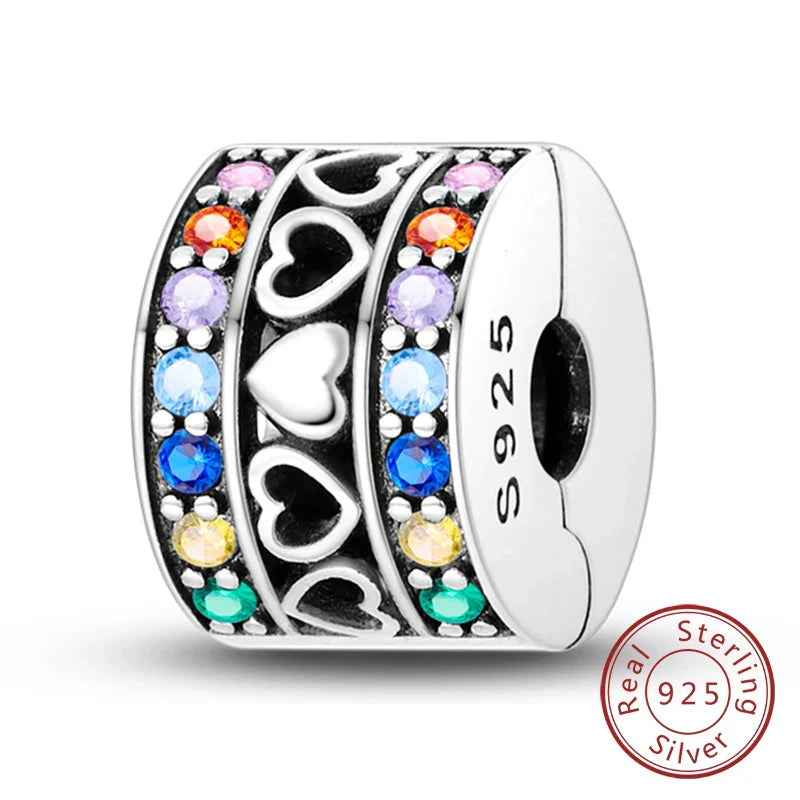Fit Original 925 Sterling Silver Clip Charms with Zircon and Silicone Spacer Beads for Women DIY Bracelet Gift