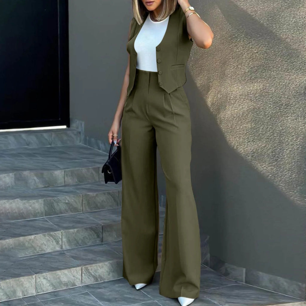 Sleeveless V-Neck Vest and High Waist Wide Leg Pant Set for Women Casual Chic Vintage Elegant Two Piece Outfit for Office and Everyday Wear