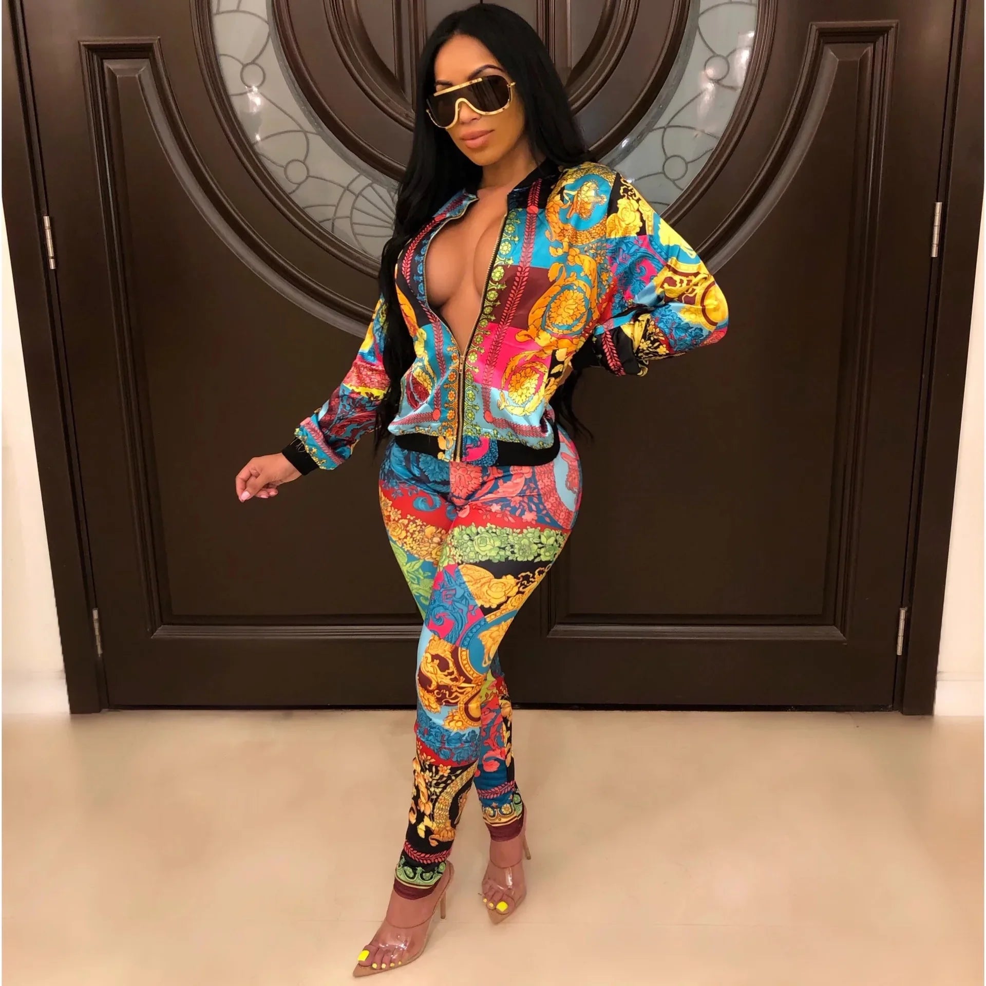 Two Piece Women's Sweat Suit with Full Sleeve Zipper Top and Sporting Pants