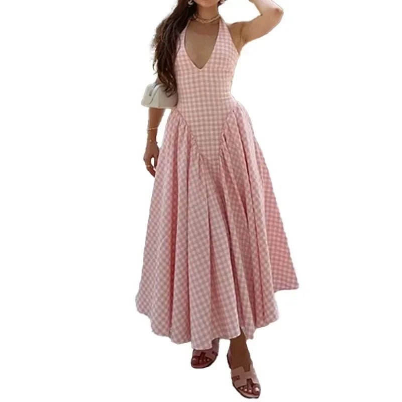 Backless Lace Up Halter Dress With Plaid Patchwork Design