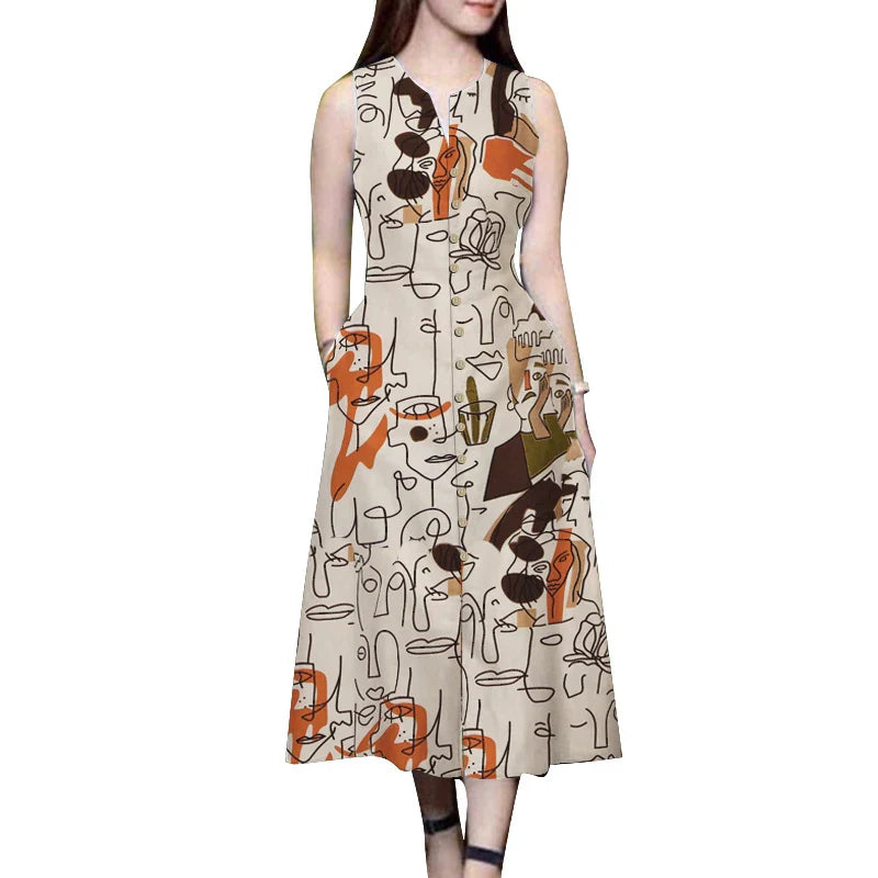 V Neck Sleeveless A Line Printed Sundress For Summer