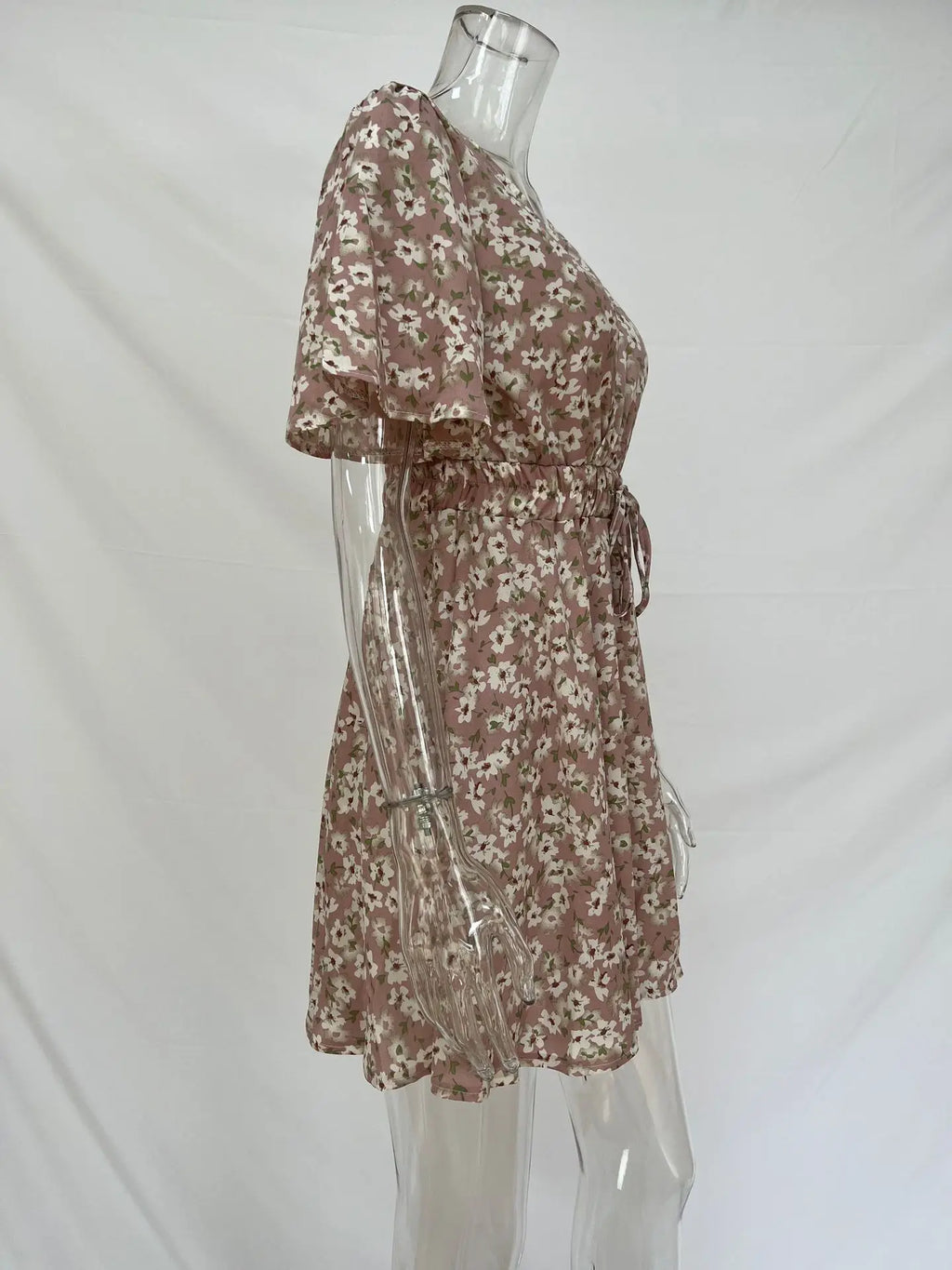 Summer Floral Dress With Bubble Sleeves V Neck A Line