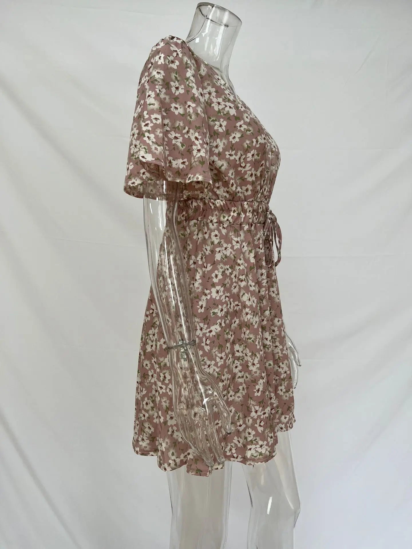 Summer Floral Dress With Bubble Sleeves V Neck A Line