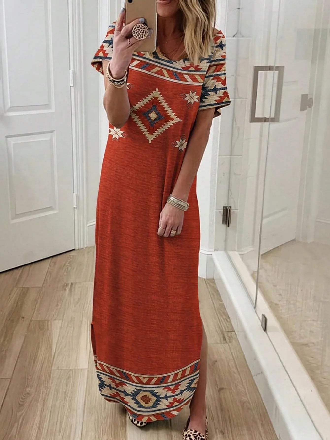 Ethnic Print Long Knit Dress With Short Sleeves Casual Wear