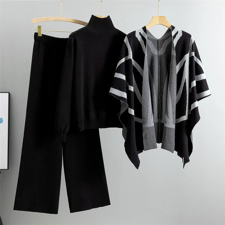 Knitted 3 Piece Set for Women with Stripe Shawl, Half High Neck Full Sleeve Top, and Wide Leg Trousers Stylish Fashion Suit