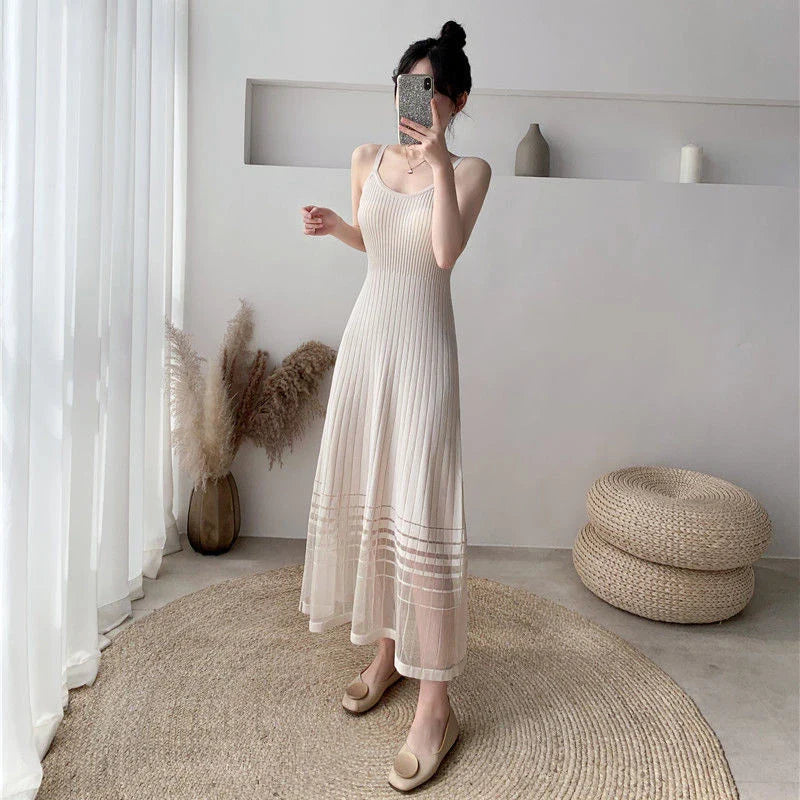 Striped Midi Dress Mesh Korean Patchwork Spaghetti Strap