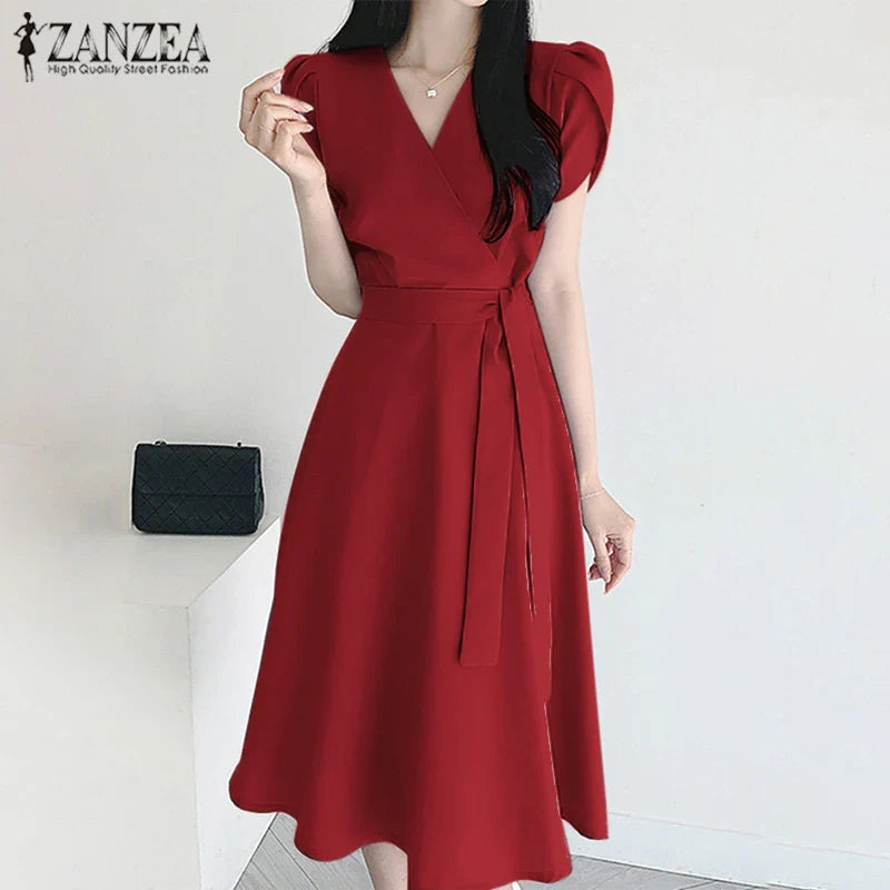 V Neck Midi Dress For Women Solid Cap Sleeve A Line