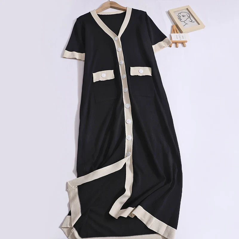 Women Knit V Neck Patchwork Pocket Dress Mid Length Summer